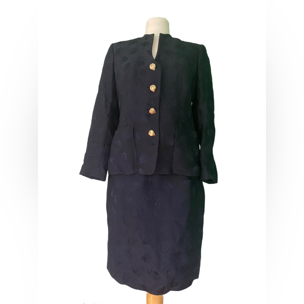 Vintage 80s 90s Louis Feraud navy strawberry print blazer skirt set cotton silk